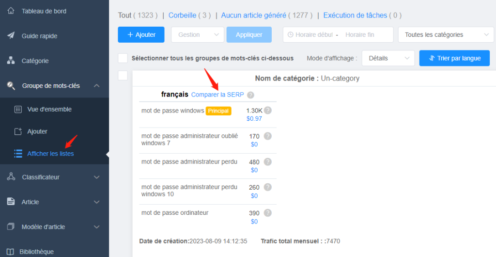 Cliquer sur Comparer la SERP