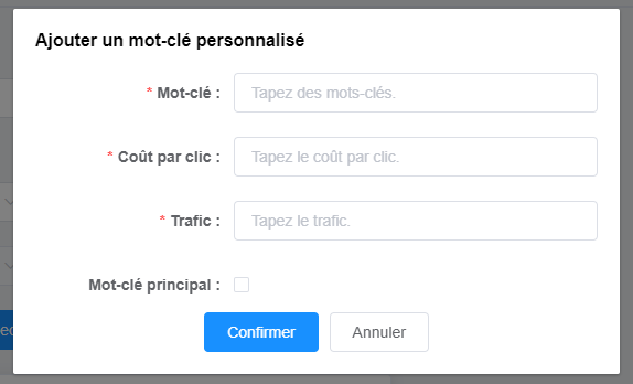 taper les informations du mot-clé