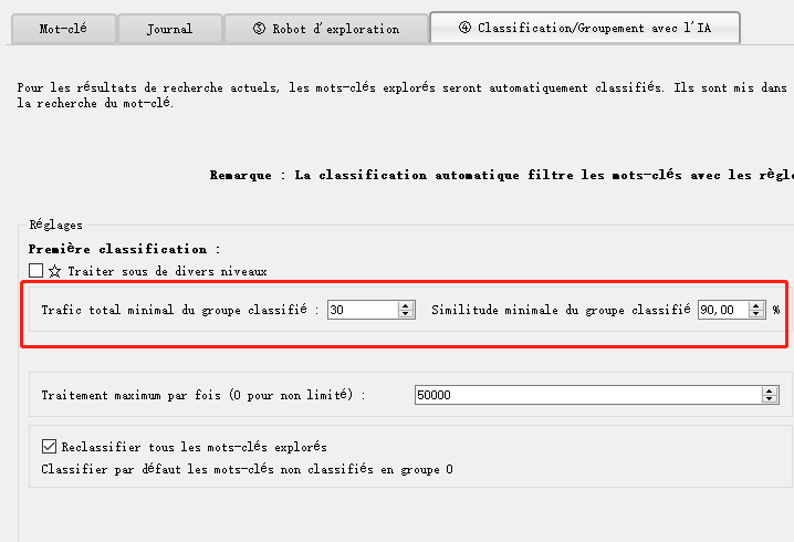 paramètres de classification