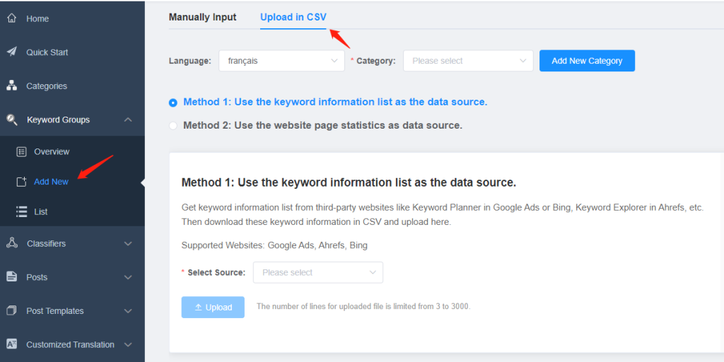 upload the keywords in CSV