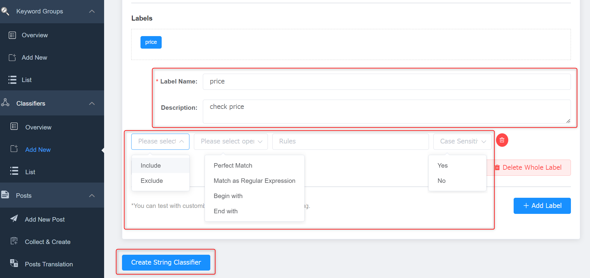 create a classifier based on text string match